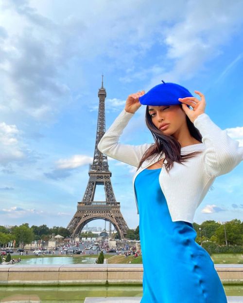Ambra Gutierrez seen in Blue Satin Dress in front of Eiffel Tower at Paris 3