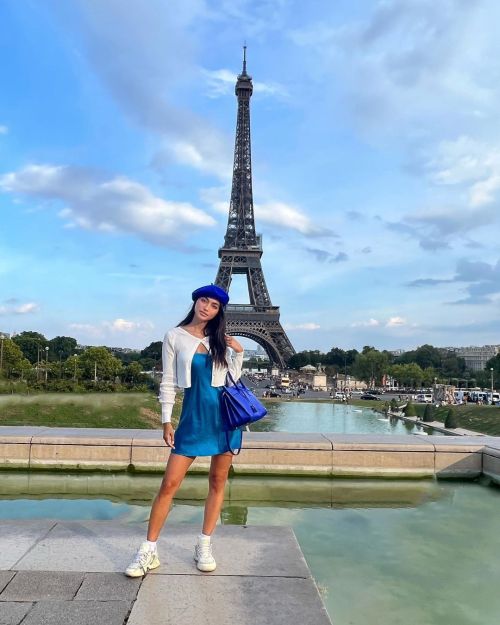 Ambra Gutierrez seen in Blue Satin Dress in front of Eiffel Tower at Paris