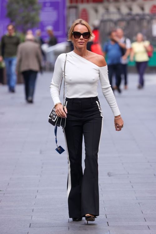 Amanda Holden in Off Shoulder White Top with Black Pants at Heart Breakfast Show in London