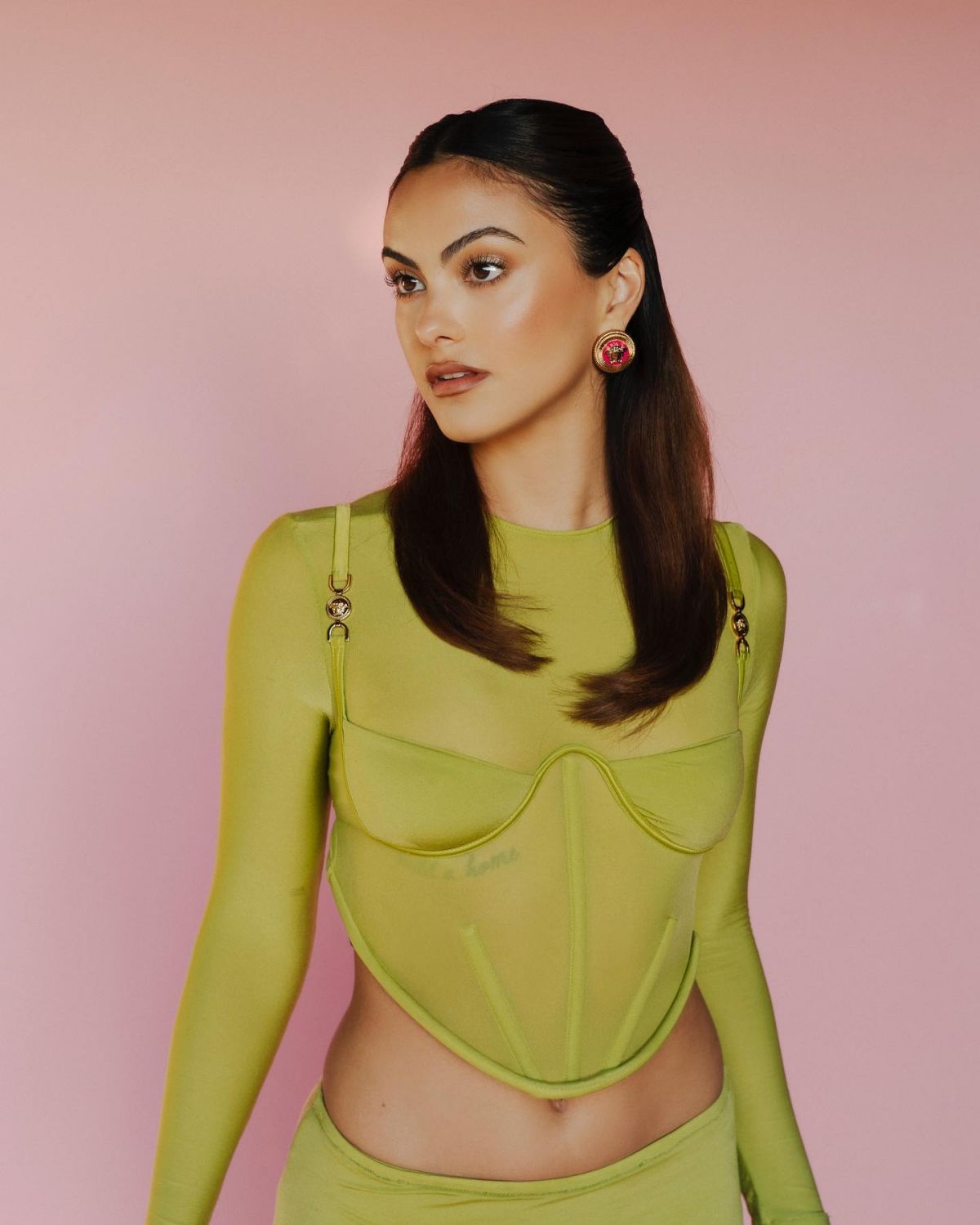 Camila Mendes seen in Versace Neon Stylish Dress at a Photoshoot 1