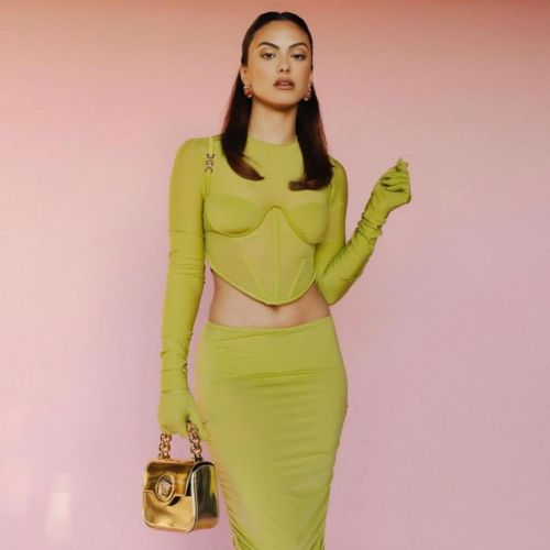 Camila Mendes seen in Versace Neon Stylish Dress at a Photoshoot