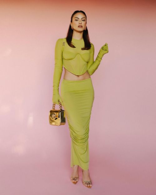 Camila Mendes seen in Versace Neon Stylish Dress at a Photoshoot 3