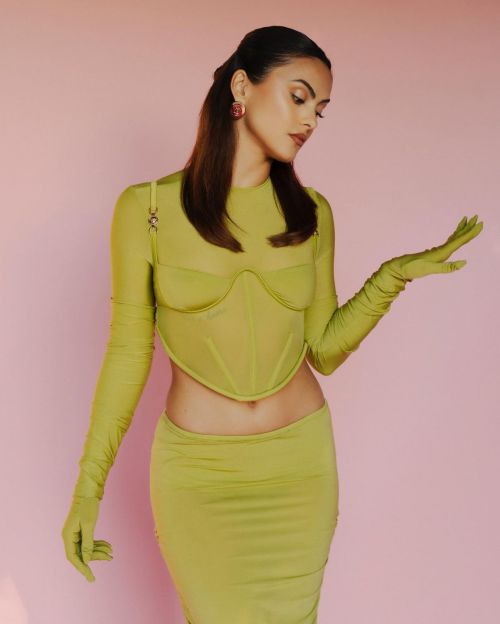 Camila Mendes seen in Versace Neon Stylish Dress at a Photoshoot 4