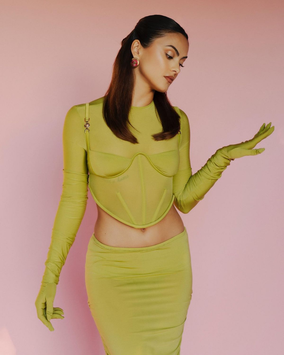 Camila Mendes seen in Versace Neon Stylish Dress at a Photoshoot 4