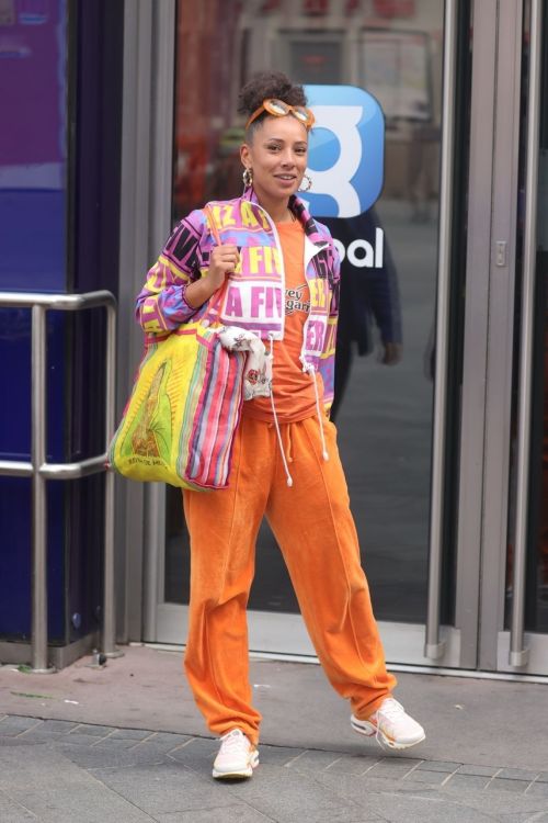 Eliza Rose in Orange Lower with Typography Jacket After Leaves Heart Radio in London 1