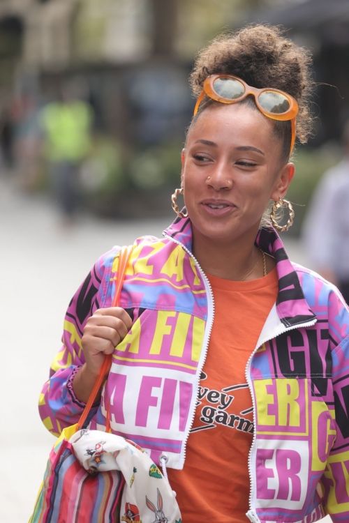 Eliza Rose in Orange Lower with Typography Jacket After Leaves Heart Radio in London 3
