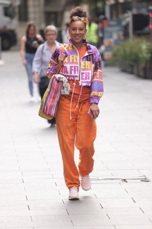 Eliza Rose in Orange Lower with Typography Jacket After Leaves Heart Radio in London 5