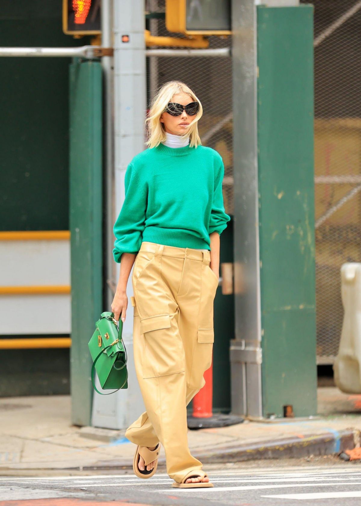 Elsa Hosk in Crew Pullover and Faux Leather Cargo Pant Day Out in New York
