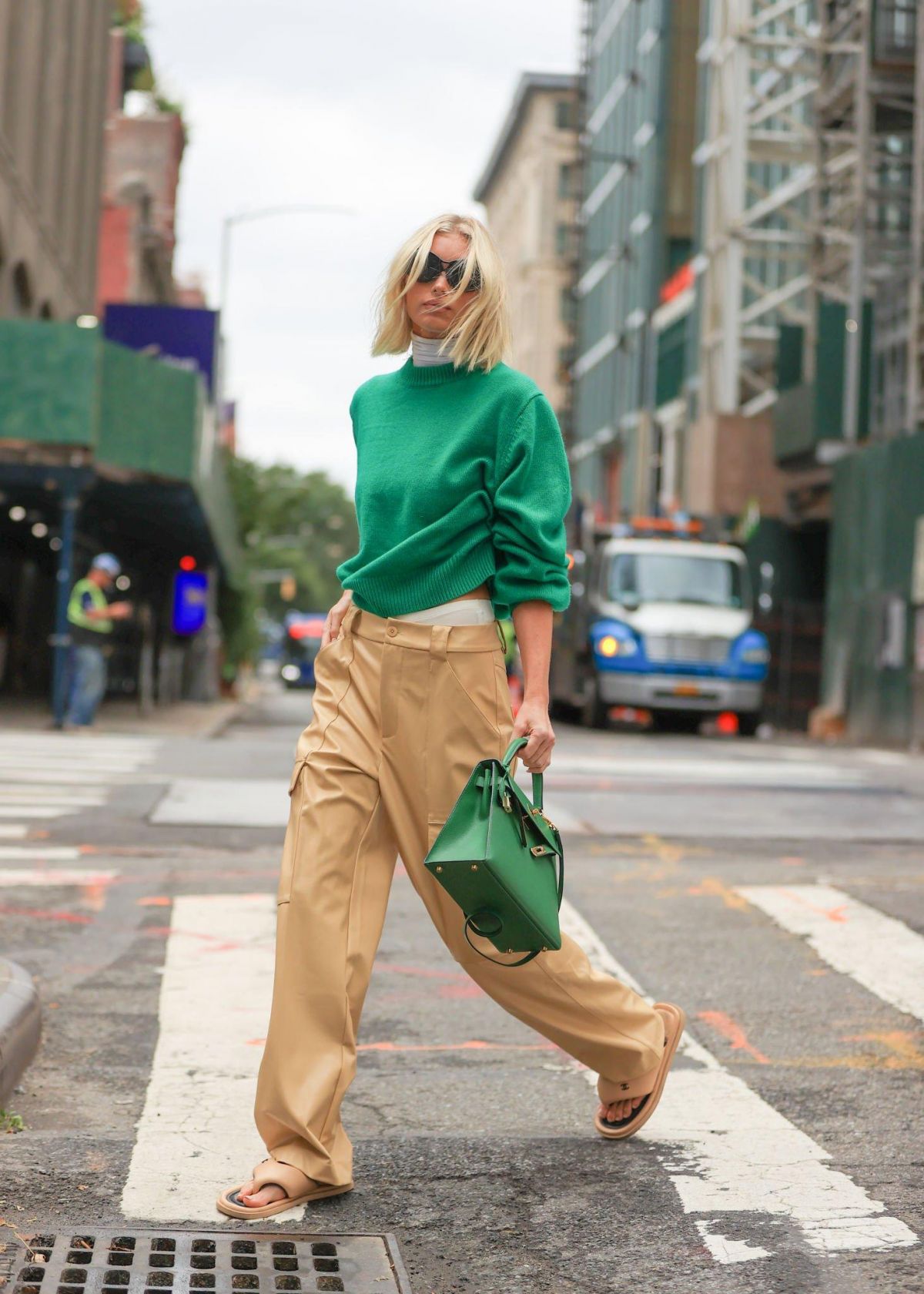 Elsa Hosk in Crew Pullover and Faux Leather Cargo Pant Day Out in New York 1