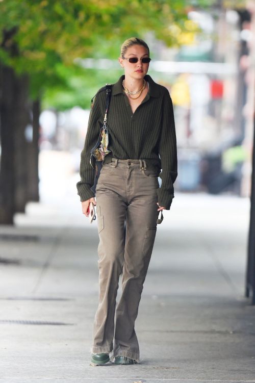 Gigi Hadid in Full Sleeve Top and Loose with Bell Bottom Pants Out in New York