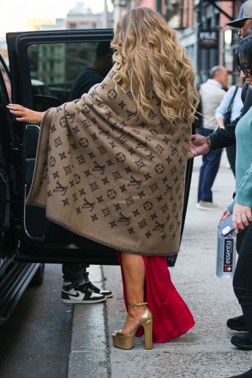 Mariah Carey wears Red Gown with Brown Shawl Day Out in New York