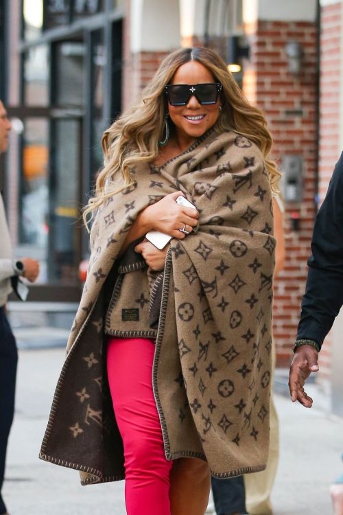 Mariah Carey wears Red Gown with Brown Shawl Day Out in New York 6