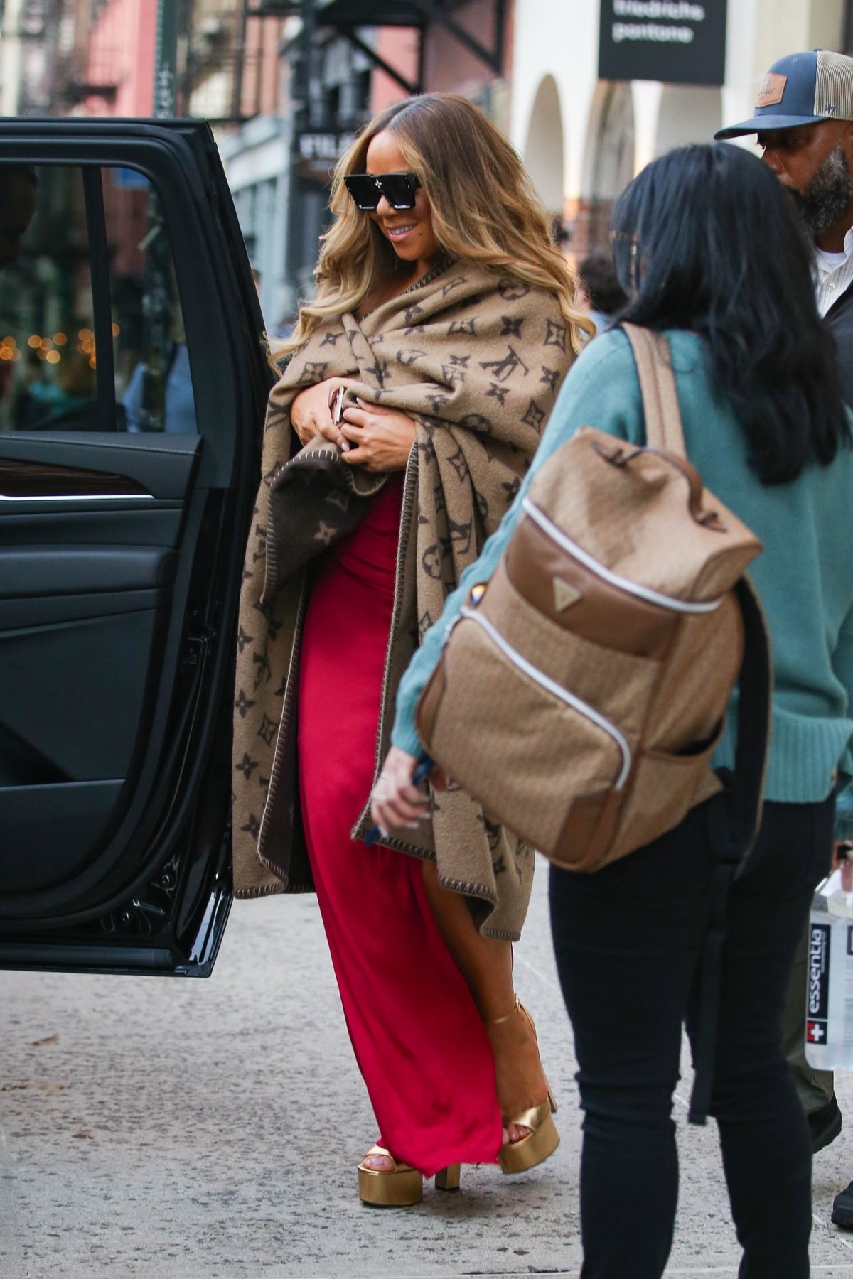 Mariah Carey wears Red Gown with Brown Shawl Day Out in New York 1