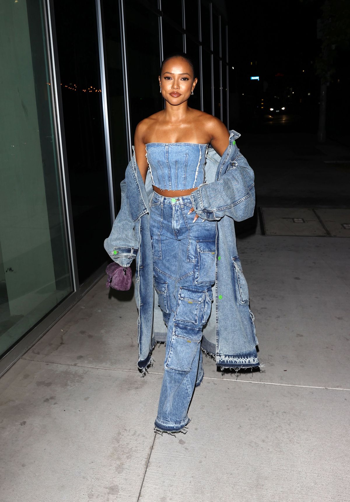 Karrueche Tran seen Off Shoulder Denims at Mr. T Restaurant Night Out in Hollywood, Oct 2022