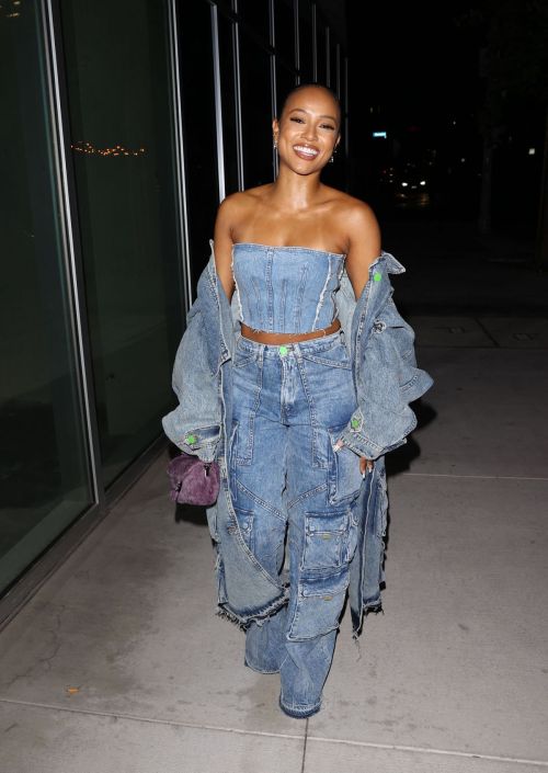 Karrueche Tran seen Off Shoulder Denims at Mr. T Restaurant Night Out in Hollywood, Oct 2022 2