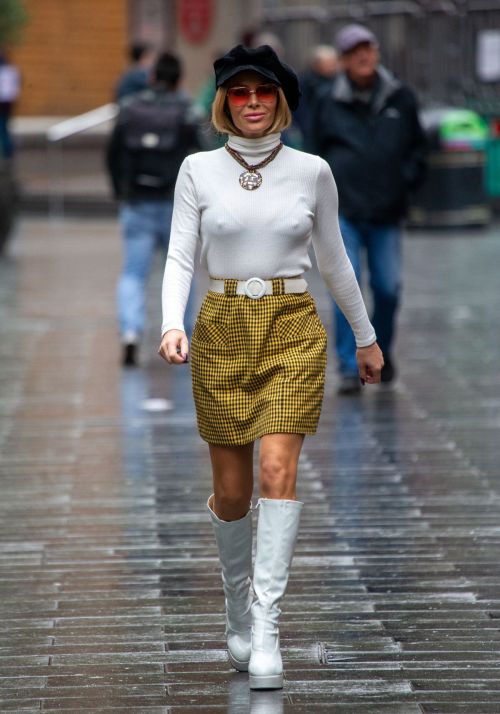 Amanda Holden seen in High Neck Top and Checked Skirt at Global Radio Studios in London