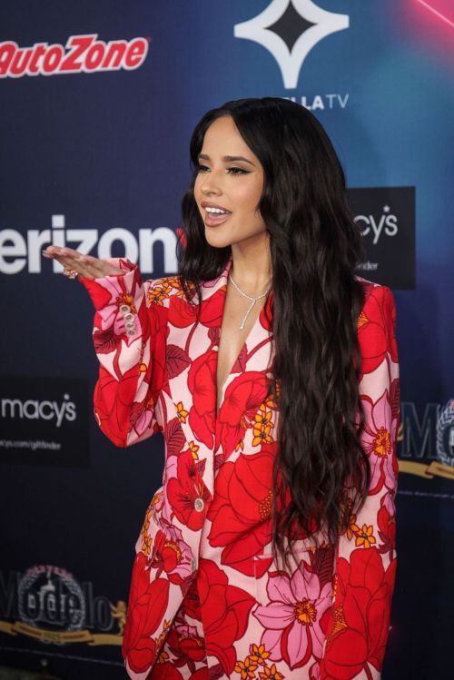 Becky G seen in Red Floral Suit at 2022 Estrella Tv Premios de la Radio in Mexico City