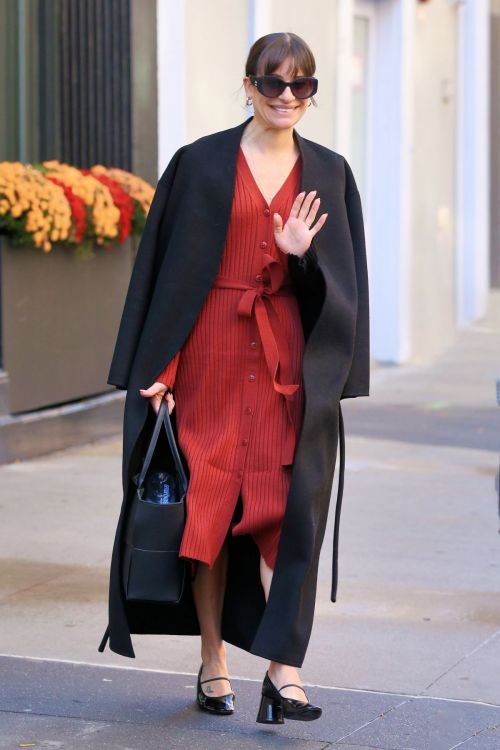 Lea Michele seen in Black Long Coat and Red Dress Out in New York, Nov 2022
