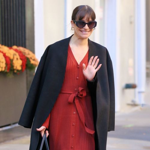 Lea Michele seen in Black Long Coat and Red Dress Out in New York, Nov 2022 4