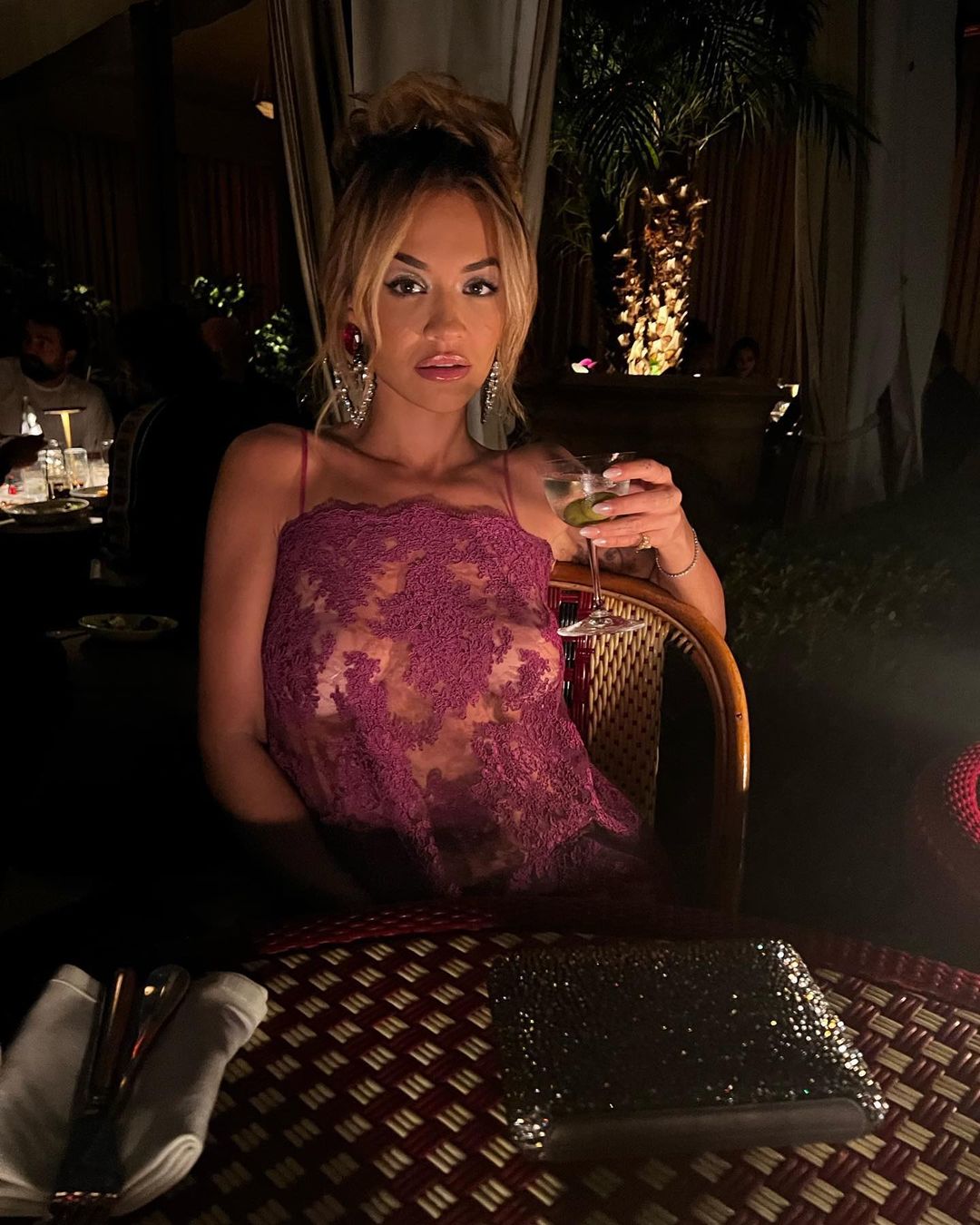 Rita Ora seen in Purple Transparent Dress with Black Undies, Jan 2023