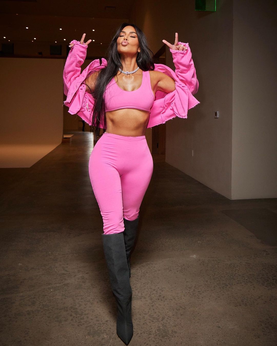 Kim Kardashian in GREG ROSS Pink Color Outfit snaps, Feb 2023