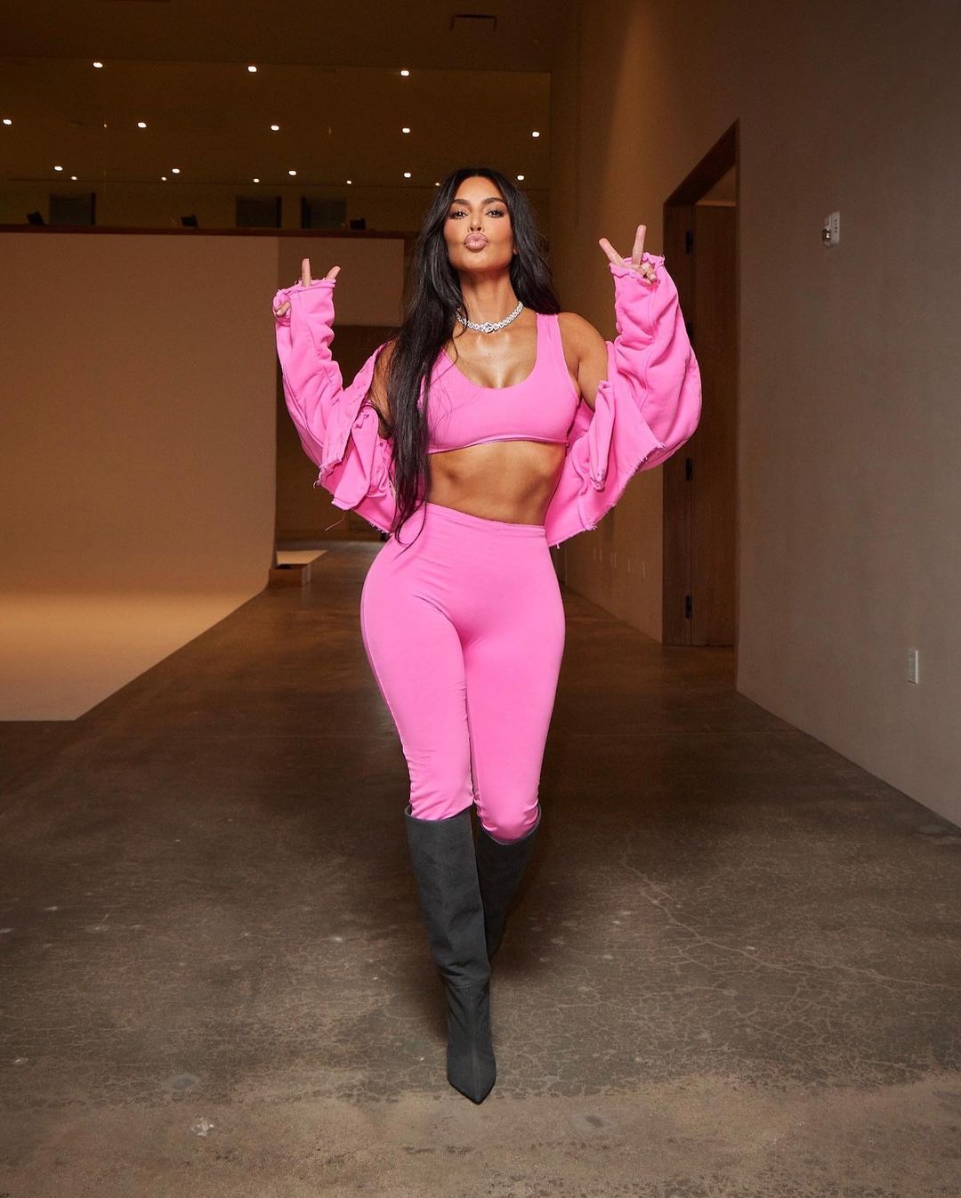 Kim Kardashian in GREG ROSS Pink Color Outfit snaps, Feb 2023