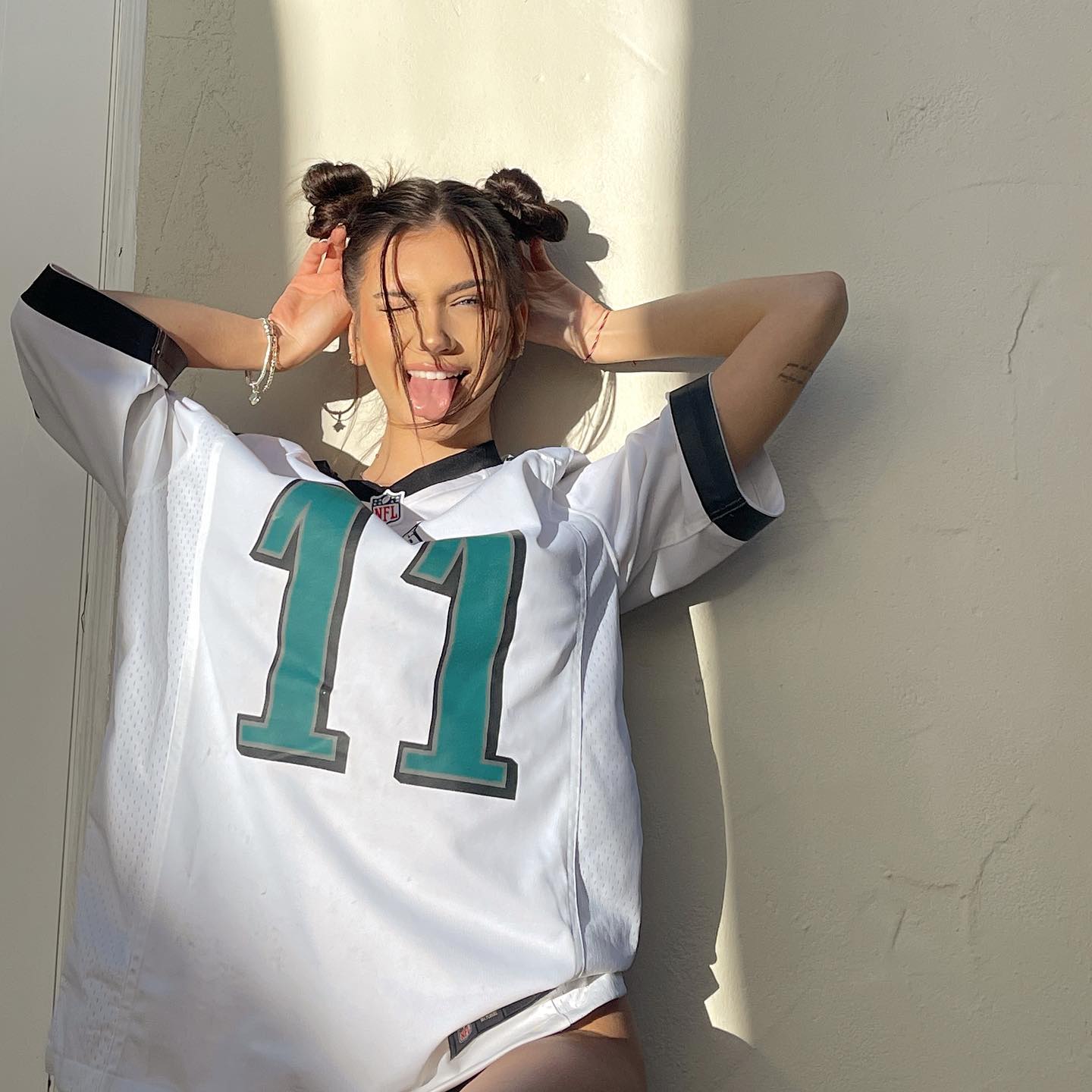 Madison Lewis wears in Philadelphia Eagles Team White T-Shirt, Feb 2023