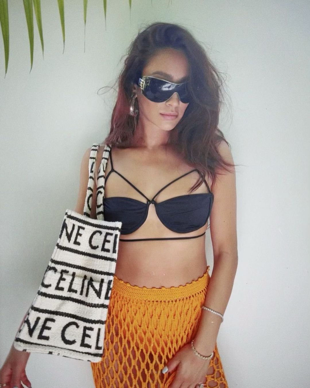 Shay Mitchell in a Black Bikini and Orange Crochet Skirt, Feb 2023