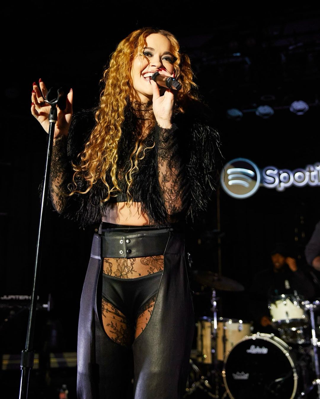 Rita Ora wears off shoulder black dress during Spotify Events at Los Angeles, Mar 2023