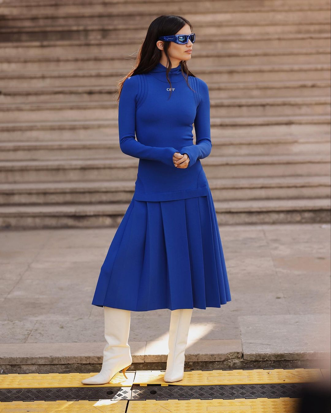 Sara Sampaio promotes Off-White Blue Dress and White Boots at Paris, Mar 2023