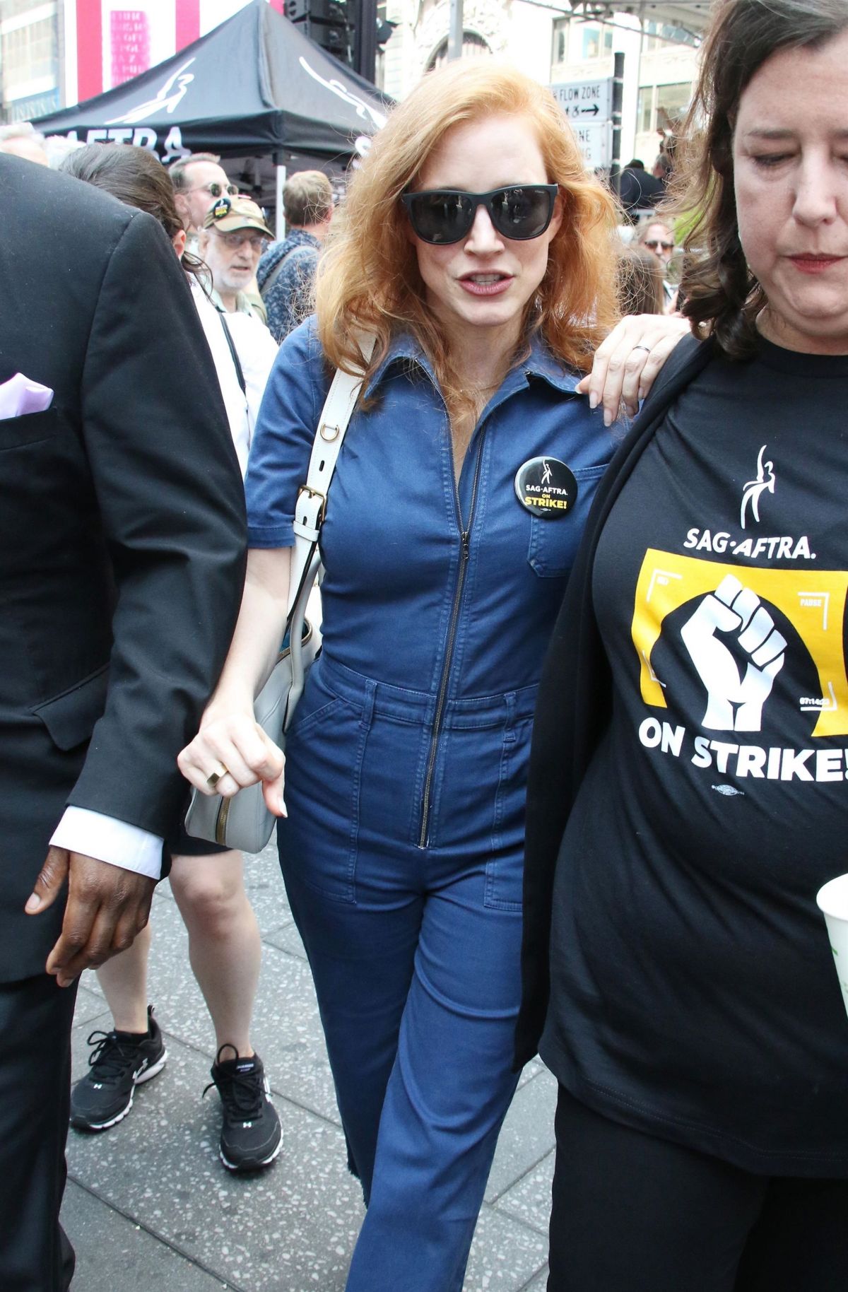 Jessica Chastain at Rock the City for a Fair Contract Rally at Times Square in New York