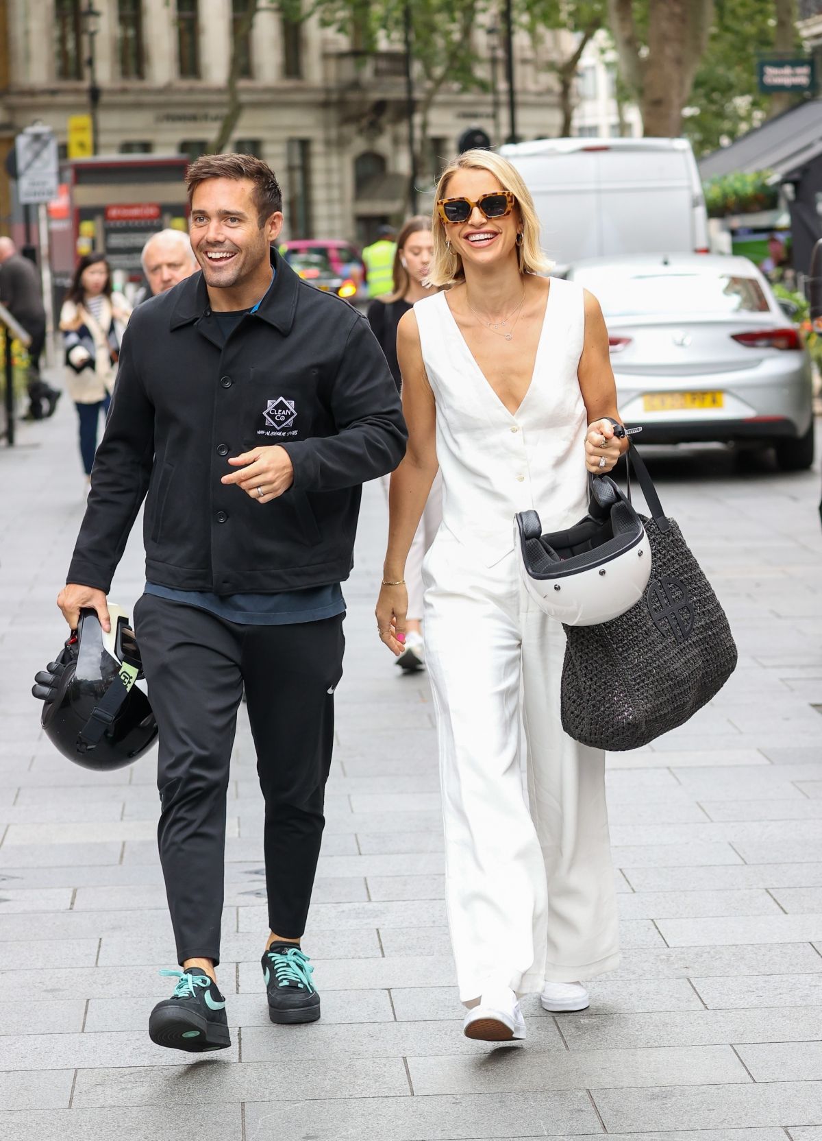 Vogue Williams and Spencer Matthews rock white outfits at Global offices, London 07/14/2023