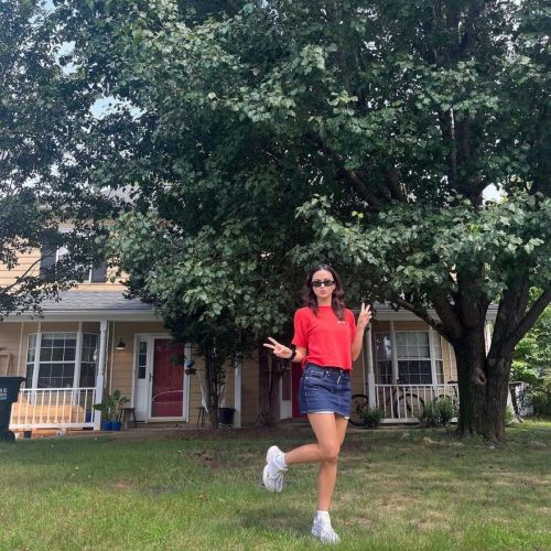 Camila Mendes Rocks Red Tshirt and Denim Skirt in Latest Photos 2