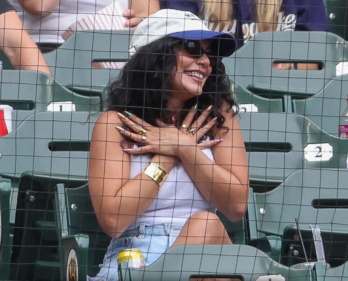 Vanessa Hudgens cheers on at the Colorado Rockies vs. Milwaukee Brewers game in Wisconsin on 08/09/2023