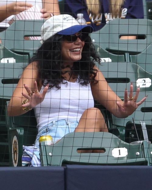 Vanessa Hudgens cheers on at the Colorado Rockies vs. Milwaukee Brewers game in Wisconsin on 08/09/2023 1