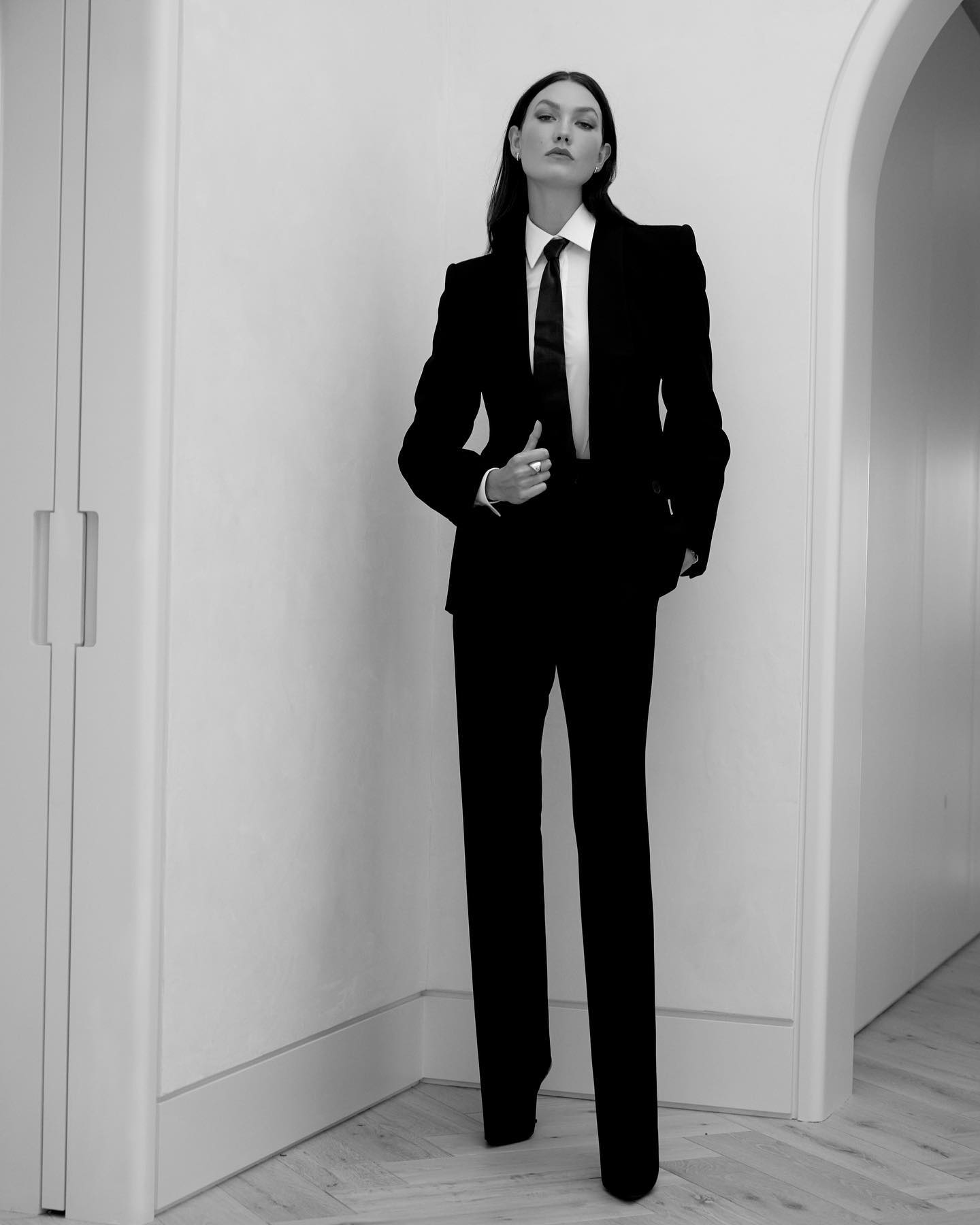 Karlie Kloss Rocks Black Suit Paint by Sarah Burton