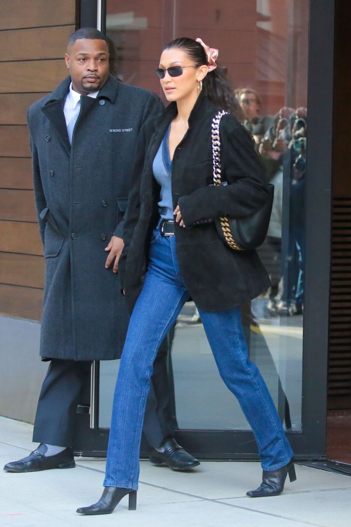 Bella Hadid in Blue V-Neck and Stella McCartney Bag in NYC 3