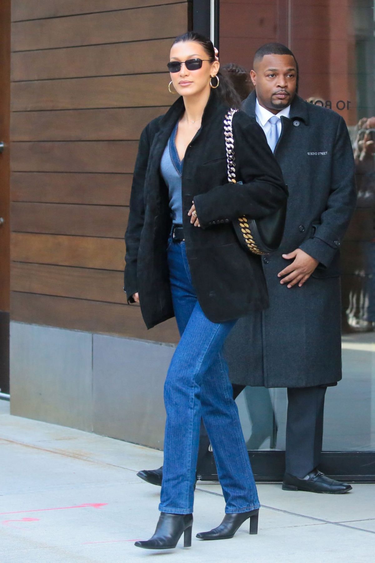 Bella Hadid in Blue V-Neck and Stella McCartney Bag in NYC 4