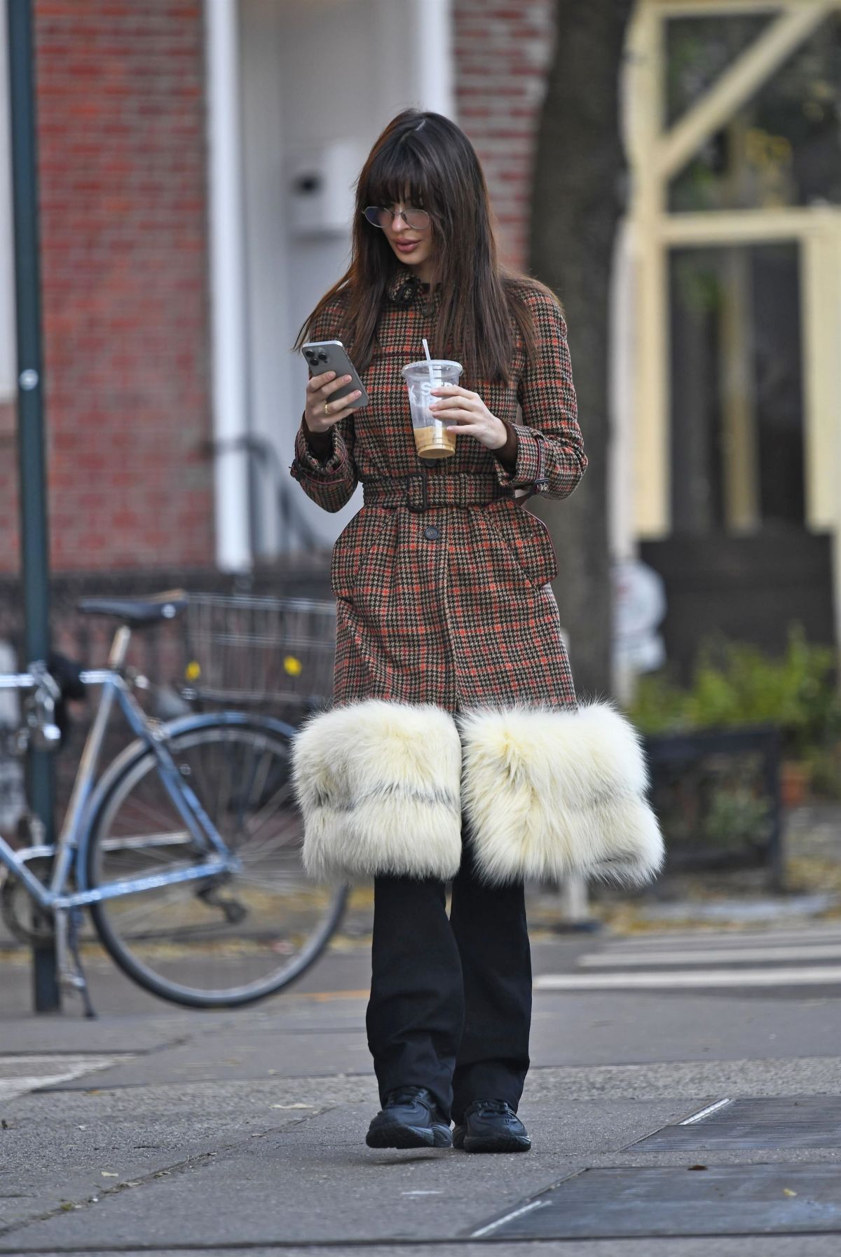 Emily Ratajkowski Coffee Outing in Trendy Checked Overcoat 1