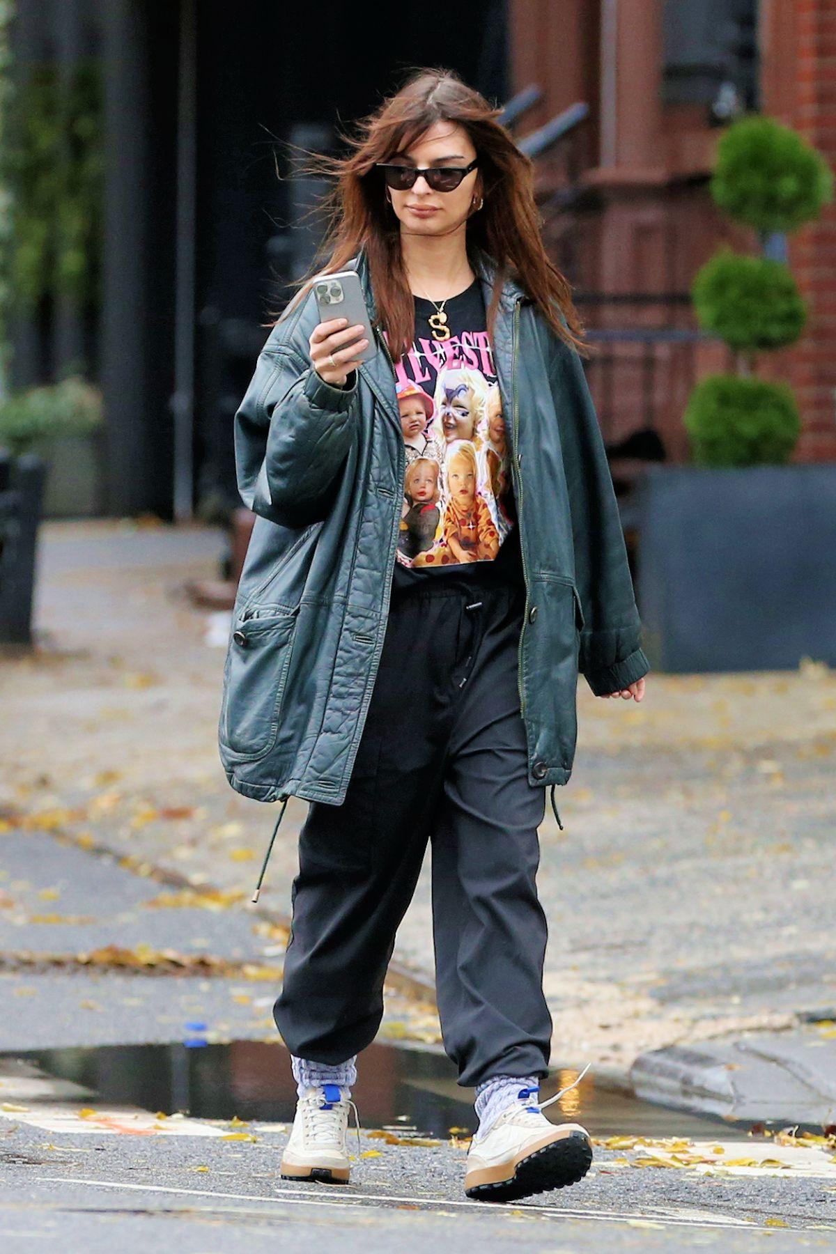 Emily Ratajkowski in custom tee on NYC coffee run