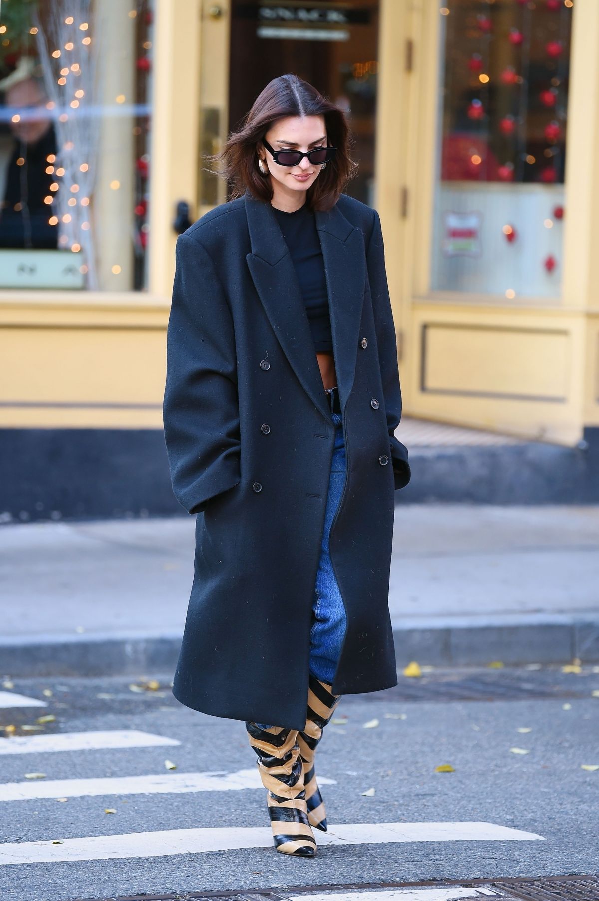 Emily Ratajkowski in Green Overcoat and Blue Denim Outfit in NYC 3