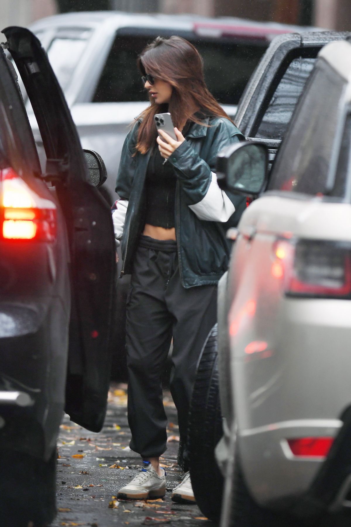 Emily Ratajkowski in leather jacket in NYC 6