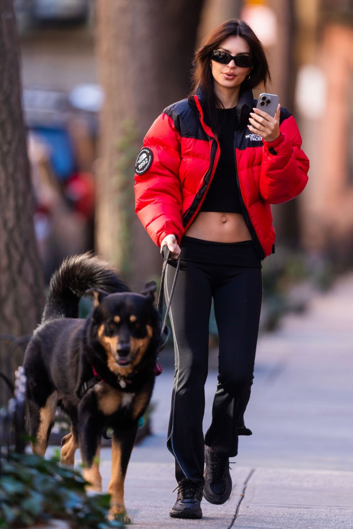 Emily Ratajkowski in Red Puffer & Black Pants While Walking Her Dog