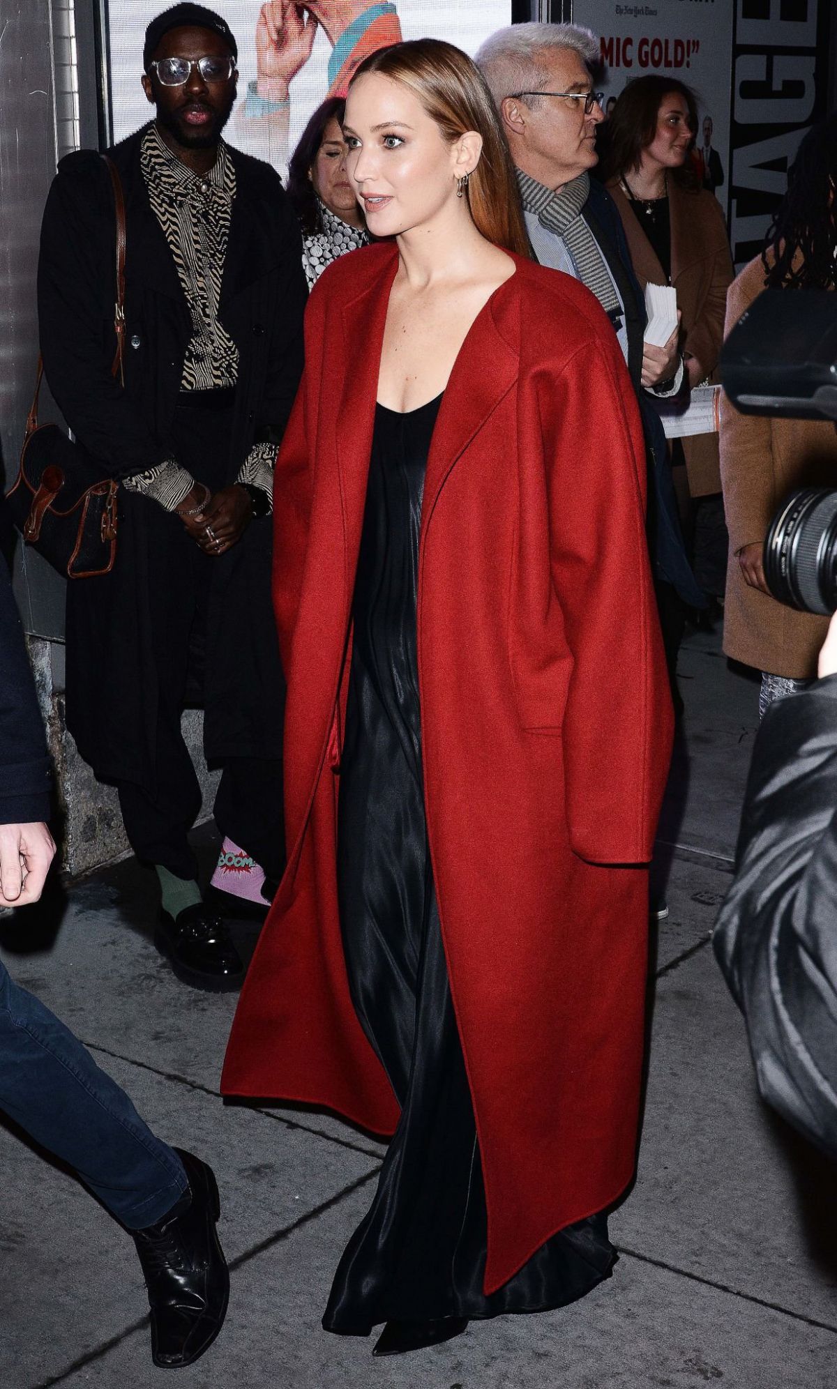 Jennifer Lawrence in red overcoat in NYC 1