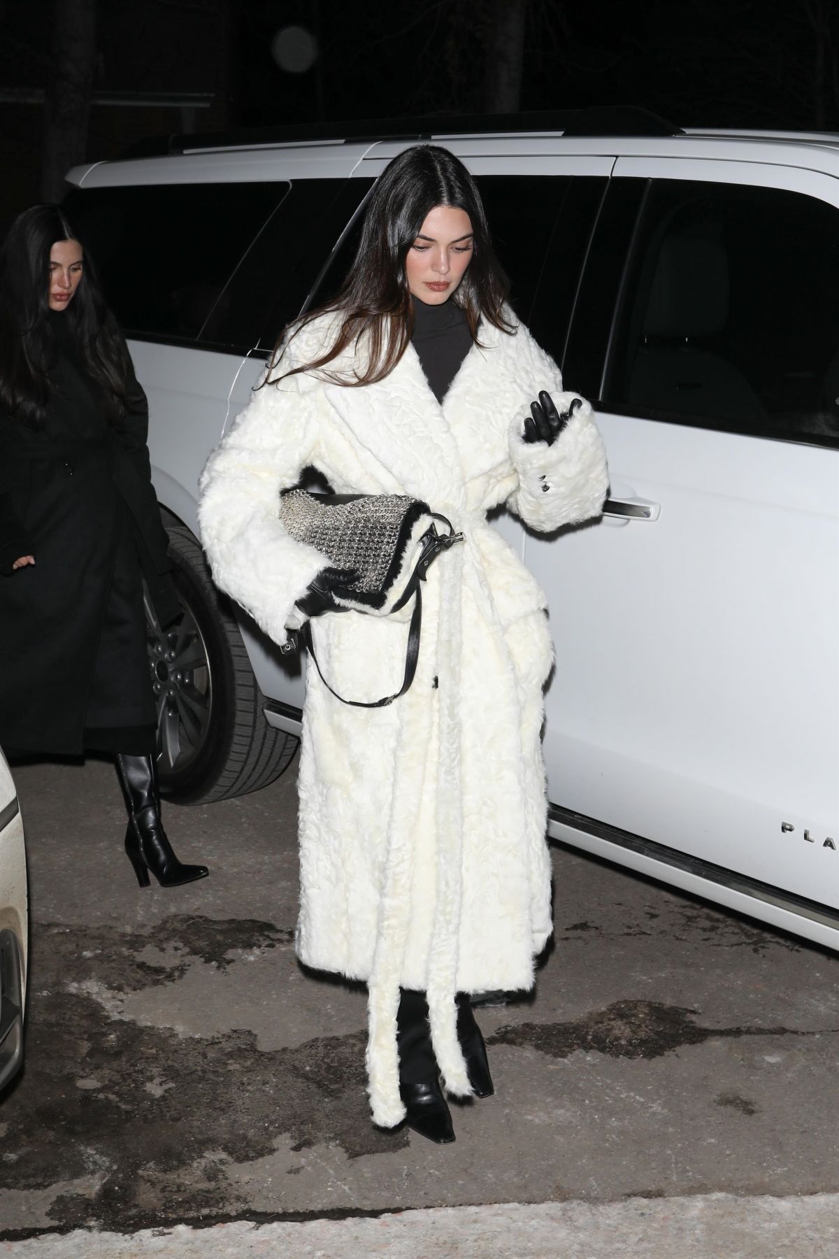 Kendall Jenner in White Fur at Catch Steakhouse Aspen