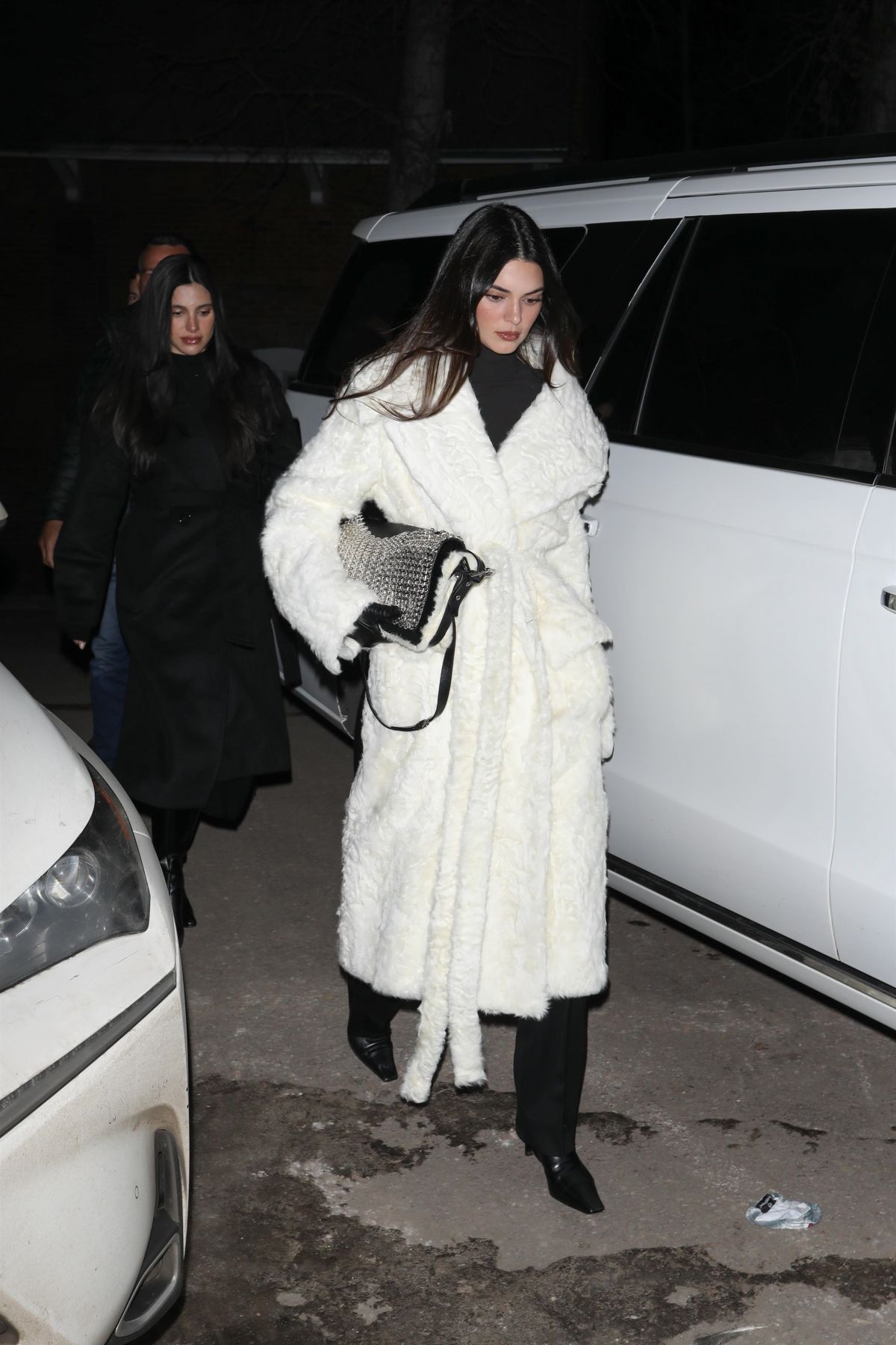 Kendall Jenner in White Fur at Catch Steakhouse Aspen 1