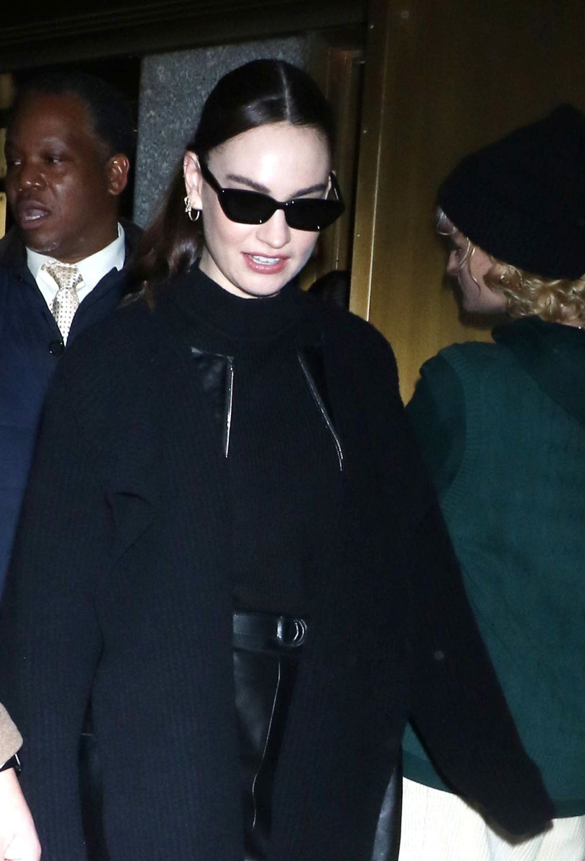 Lily James in black ensemble at Kelly Clarkson Show NYC 2