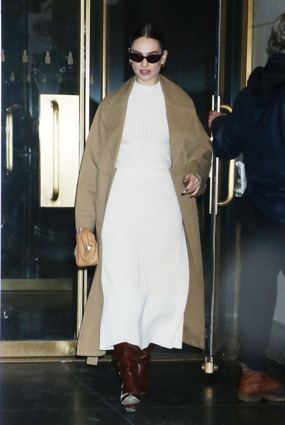 Lily James in White Dress and Brown Boots in Today Show NYC 1