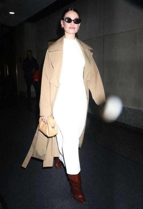 Lily James in White Dress and Brown Boots in Today Show NYC 2