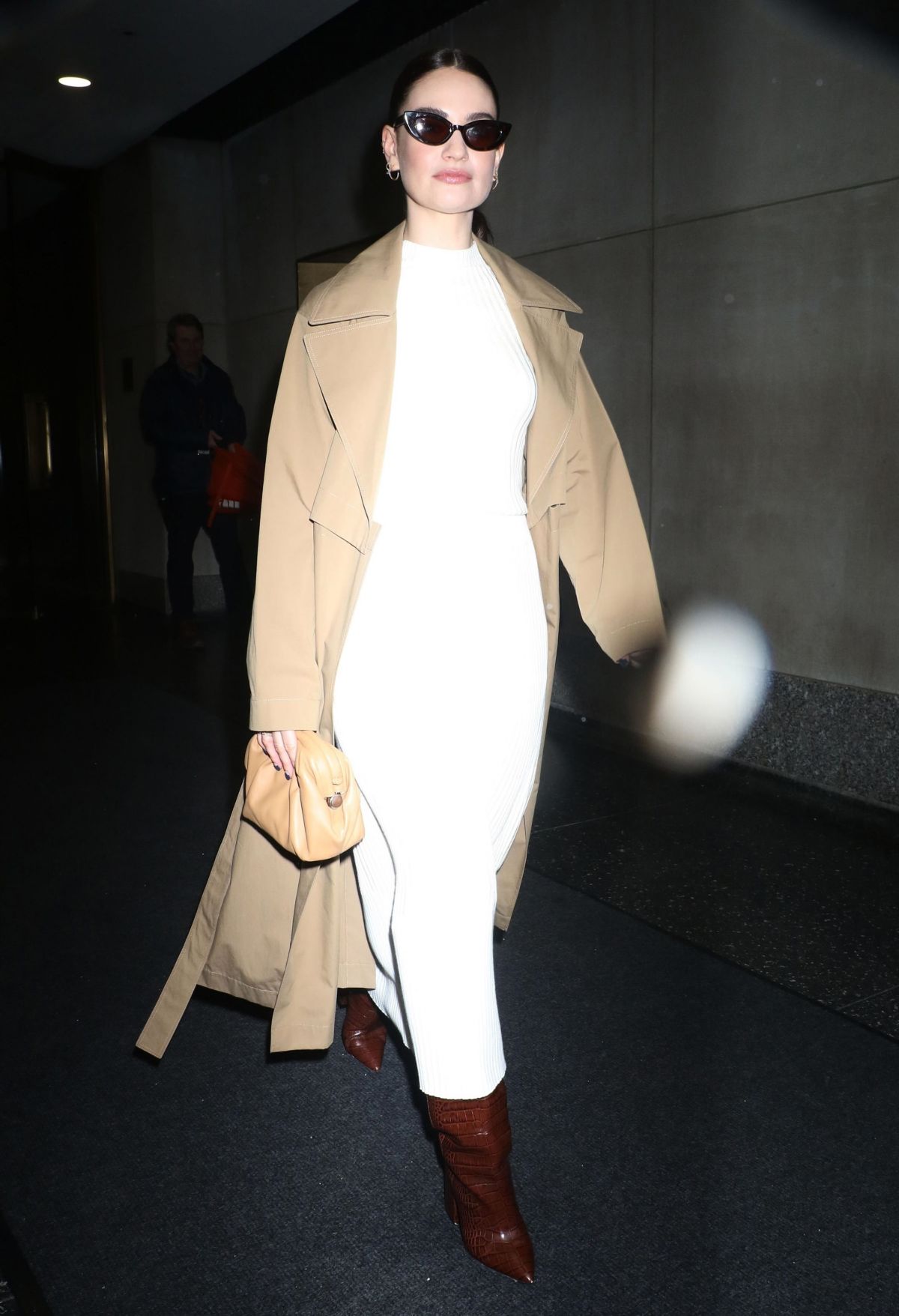 Lily James in White Dress and Brown Boots in Today Show NYC 2